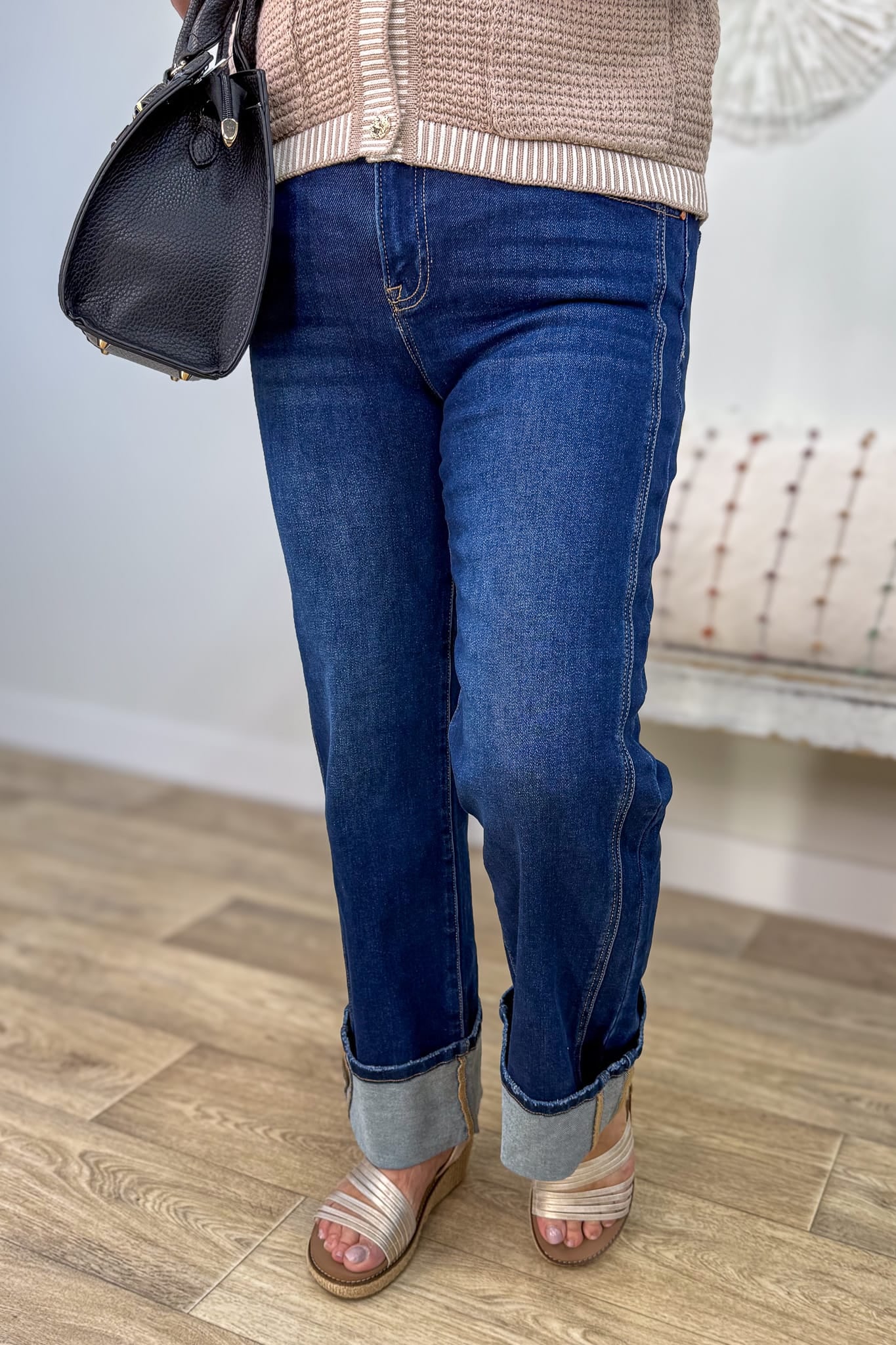 Deep Blue Mid Rise Ankle Straight Cuffed Hem Jeans