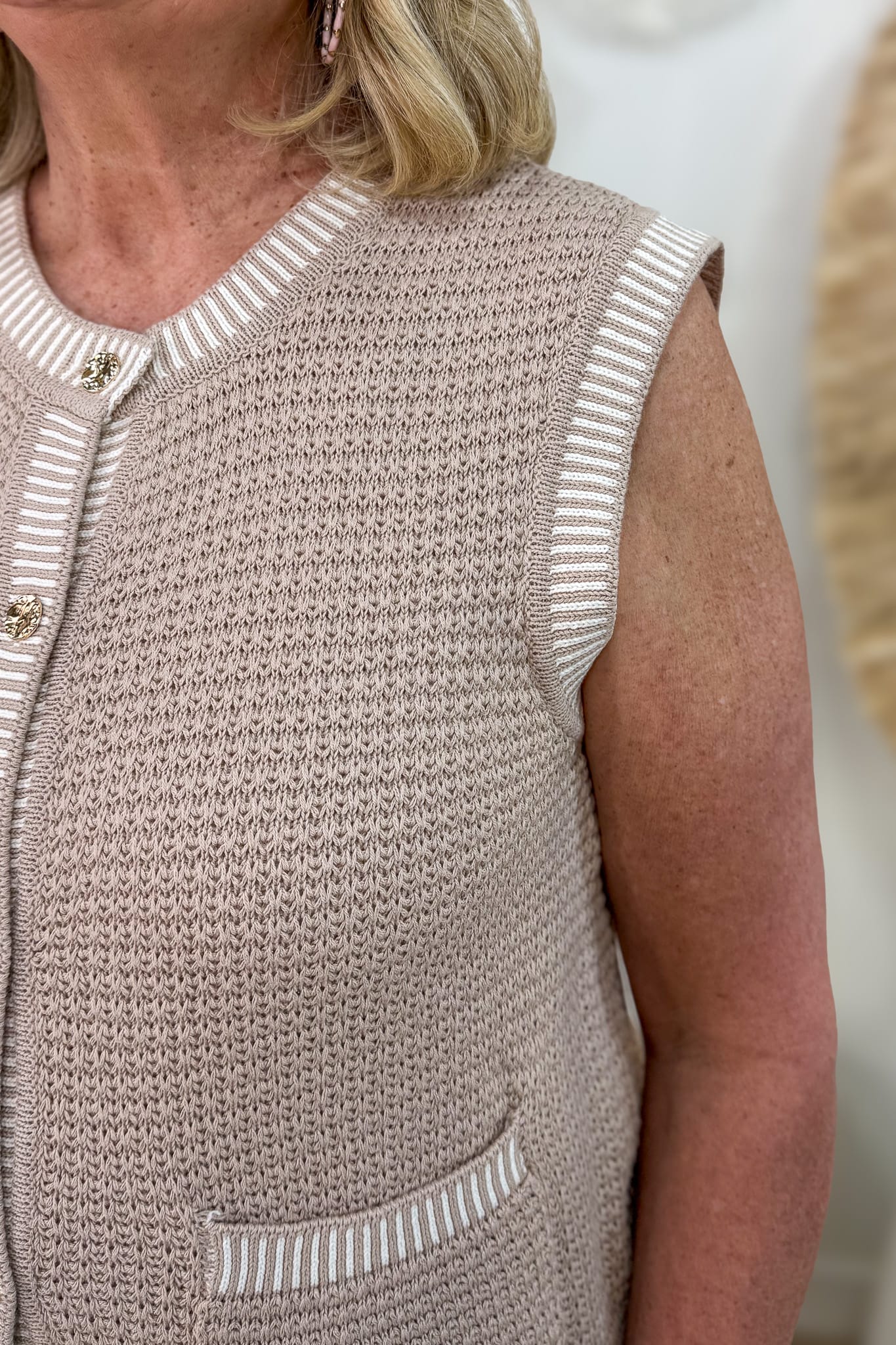 Taupe Button Sweater Vest Cardigan Detail