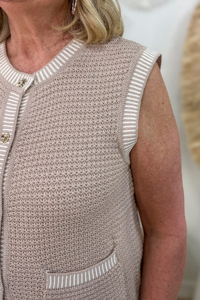 Taupe Button Sweater Vest Cardigan Detail