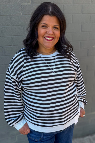 Black Striped Rib Banded Pullover