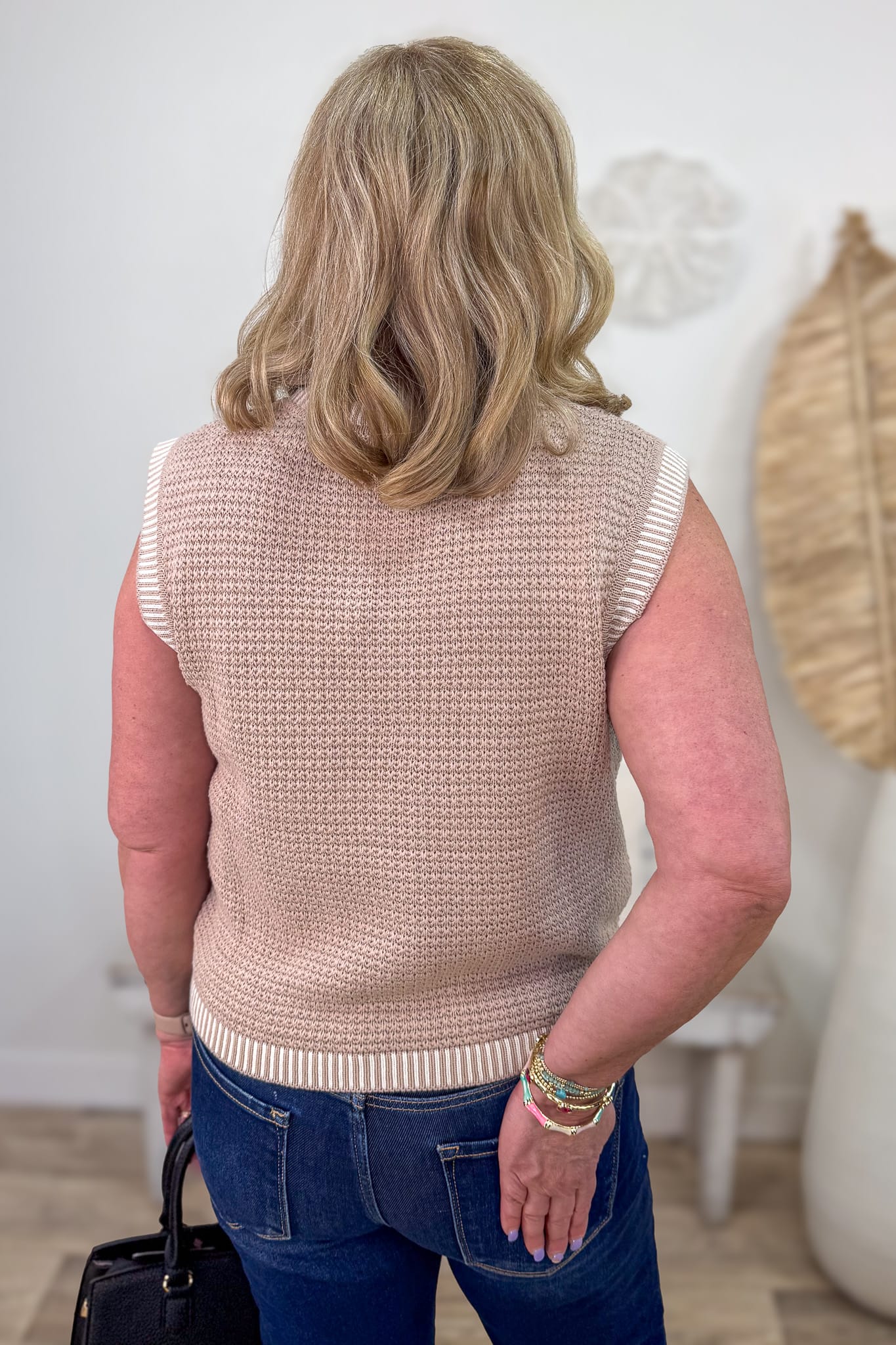 Taupe Button Sweater Vest Cardigan Back