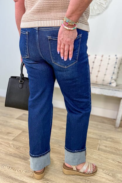 Deep Blue Mid Rise Ankle Straight Cuffed Hem Jeans