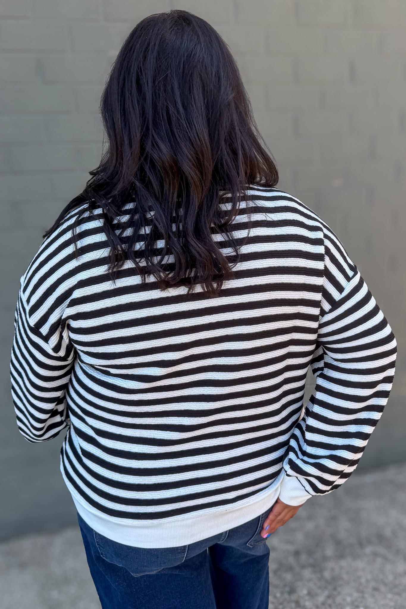Black Striped Rib Banded Pullover Back