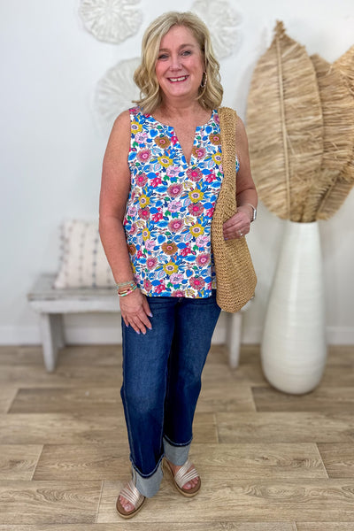 Blue Floral Printed Sleeveless Blouse