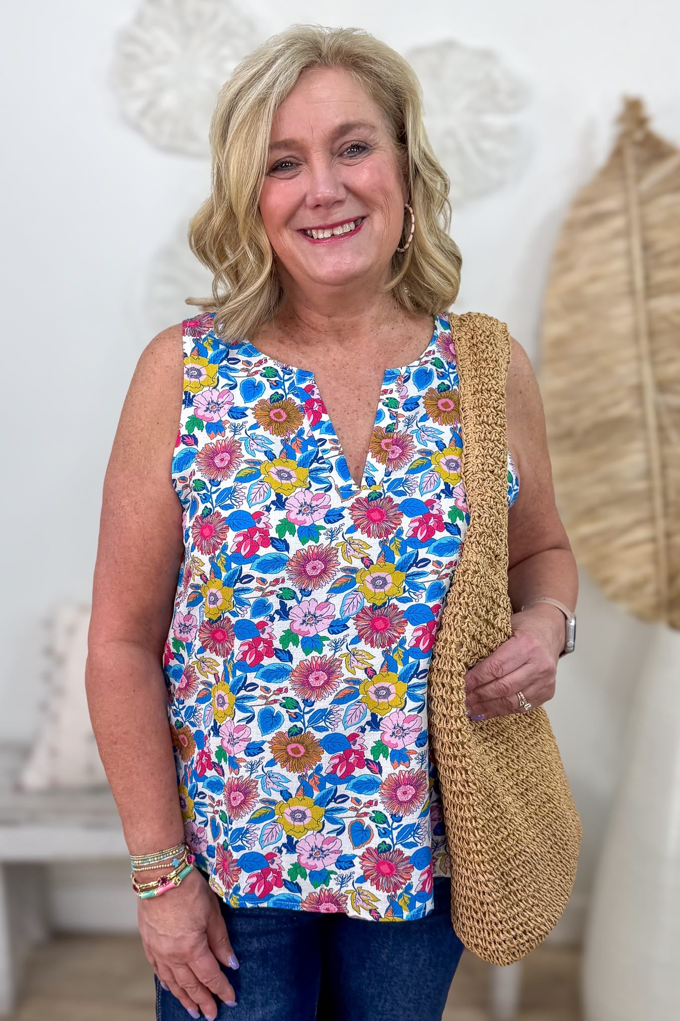 Blue Floral Printed Sleeveless Blouse