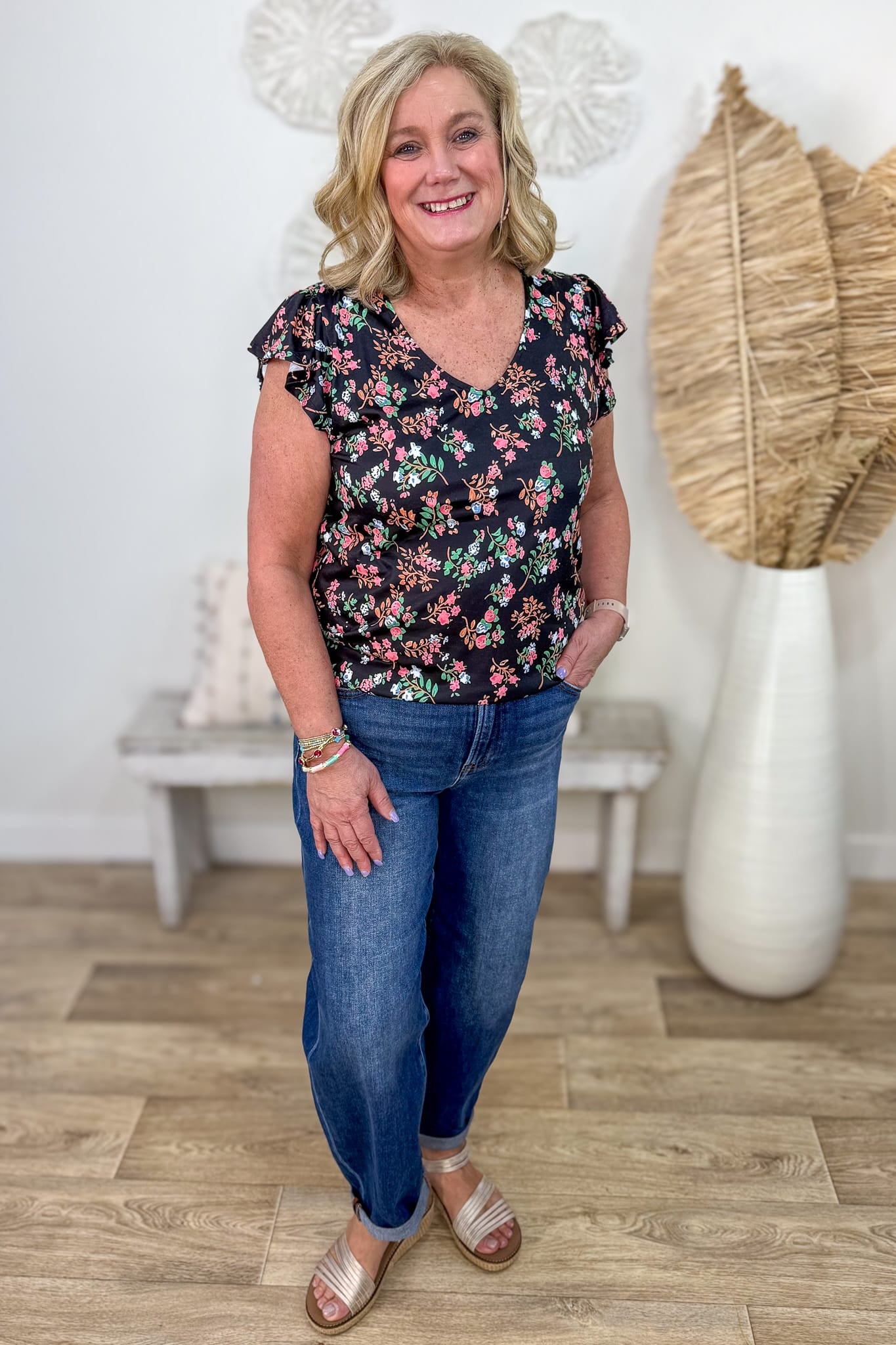 Black Floral Flutter Sleeve Top