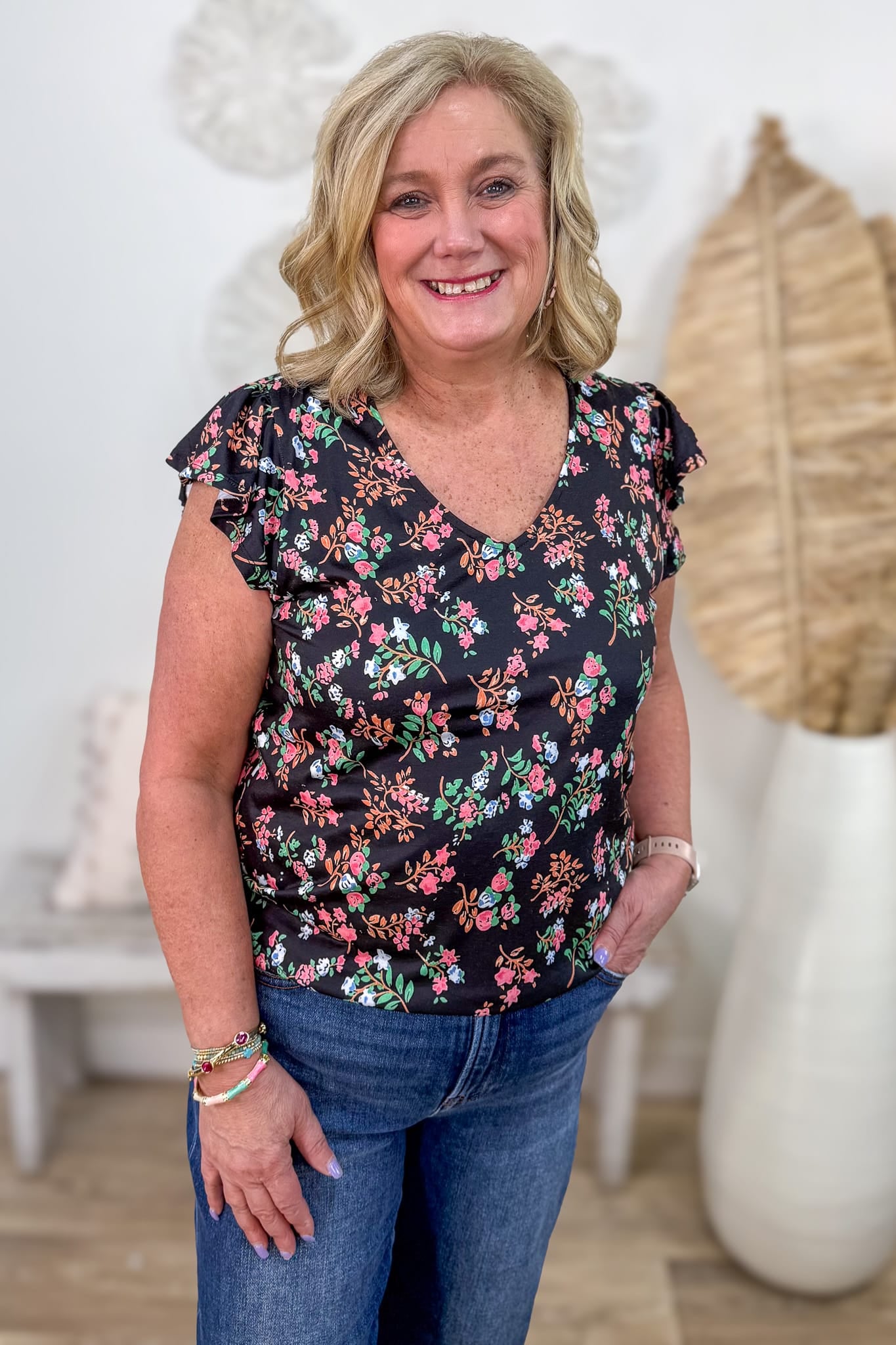 Black Floral Flutter Sleeve Top