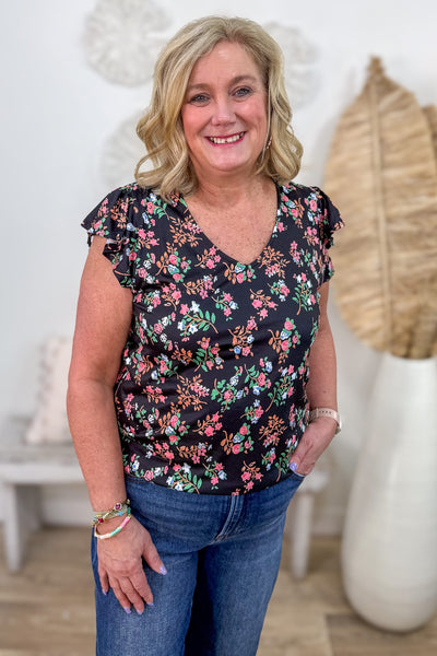 Black Floral Flutter Sleeve Top