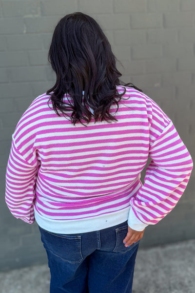 Candy Pink Striped Rib Banded Pullover Back