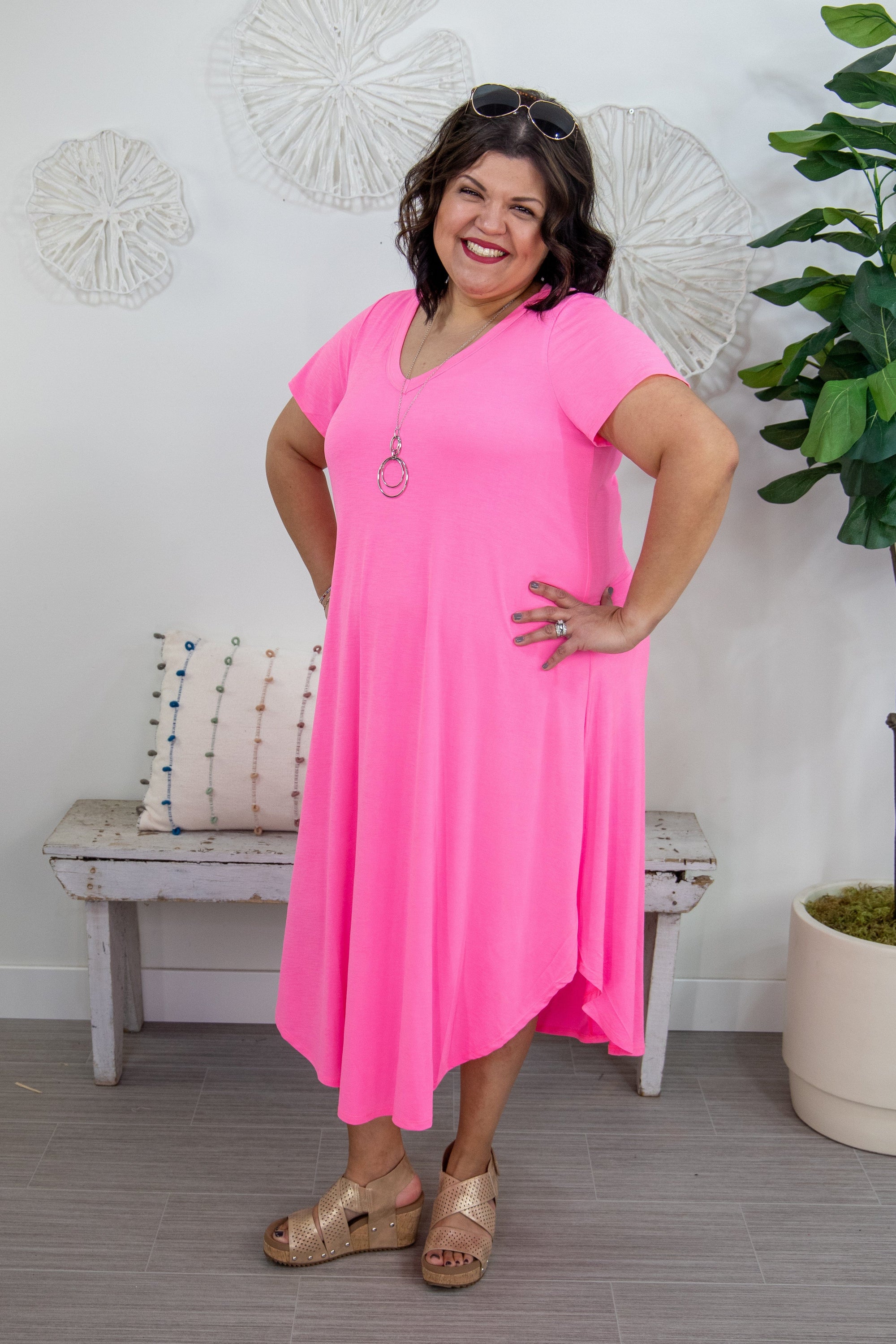 Neon Pink Shortsleeve Long Dress