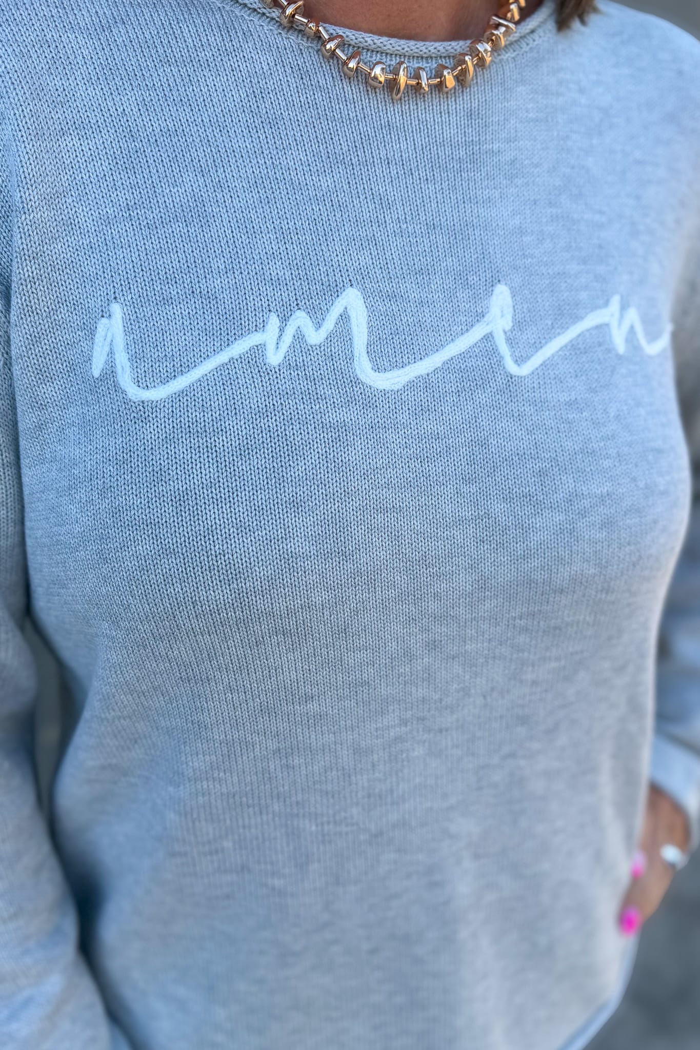 Heather Grey AMEN Light Weight Sweater Detailed