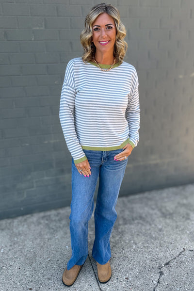 Heather Grey & Sage Stripe Sweater Styled