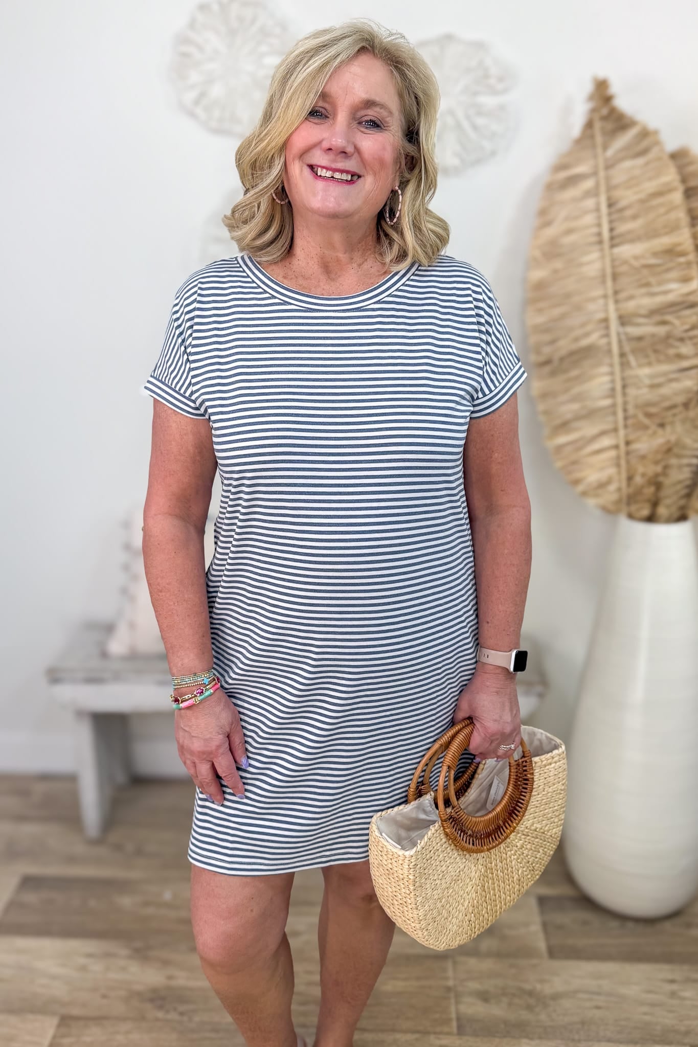 Denim Pinstripe Shift Dress