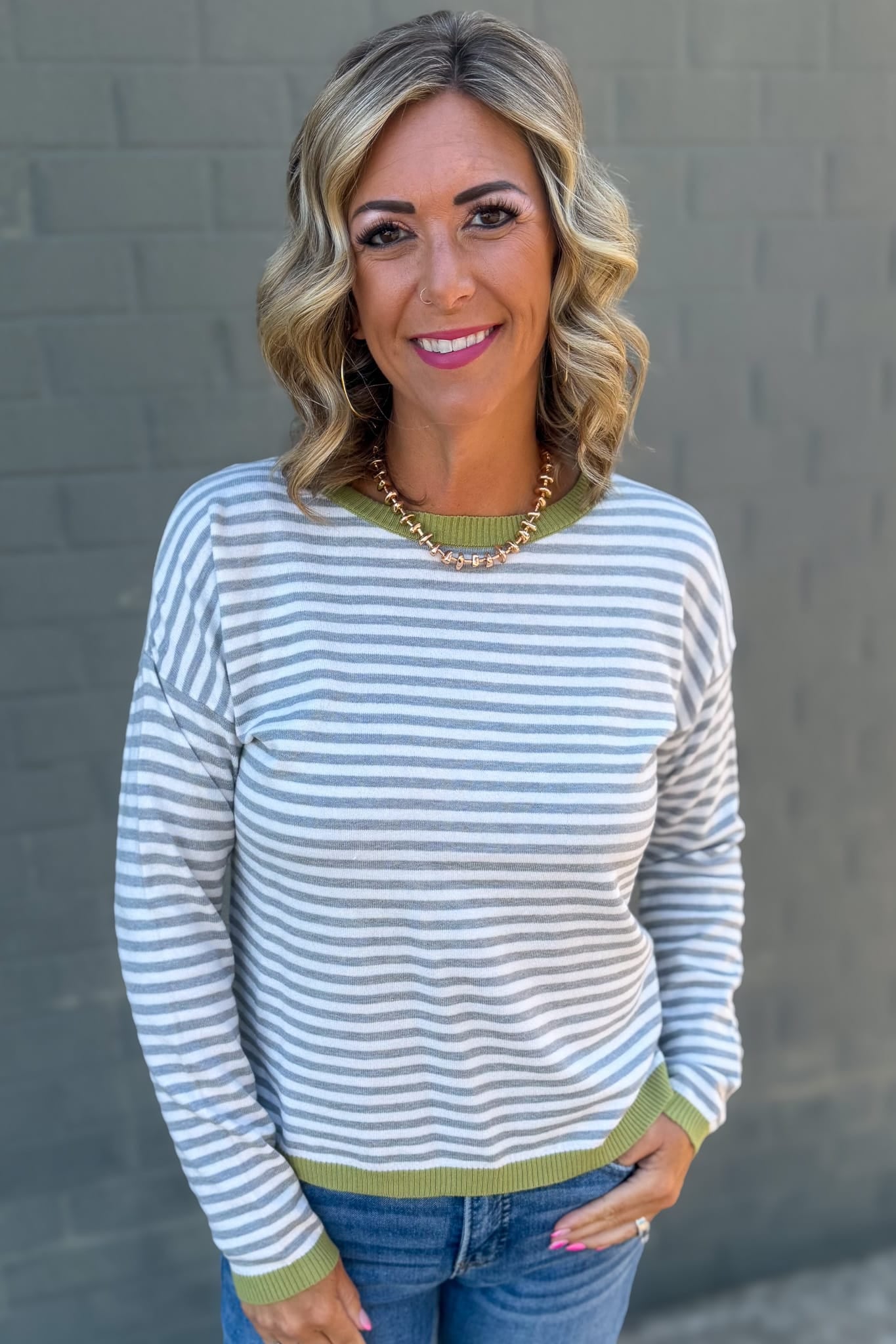 Heather Grey & Sage Stripe Sweater