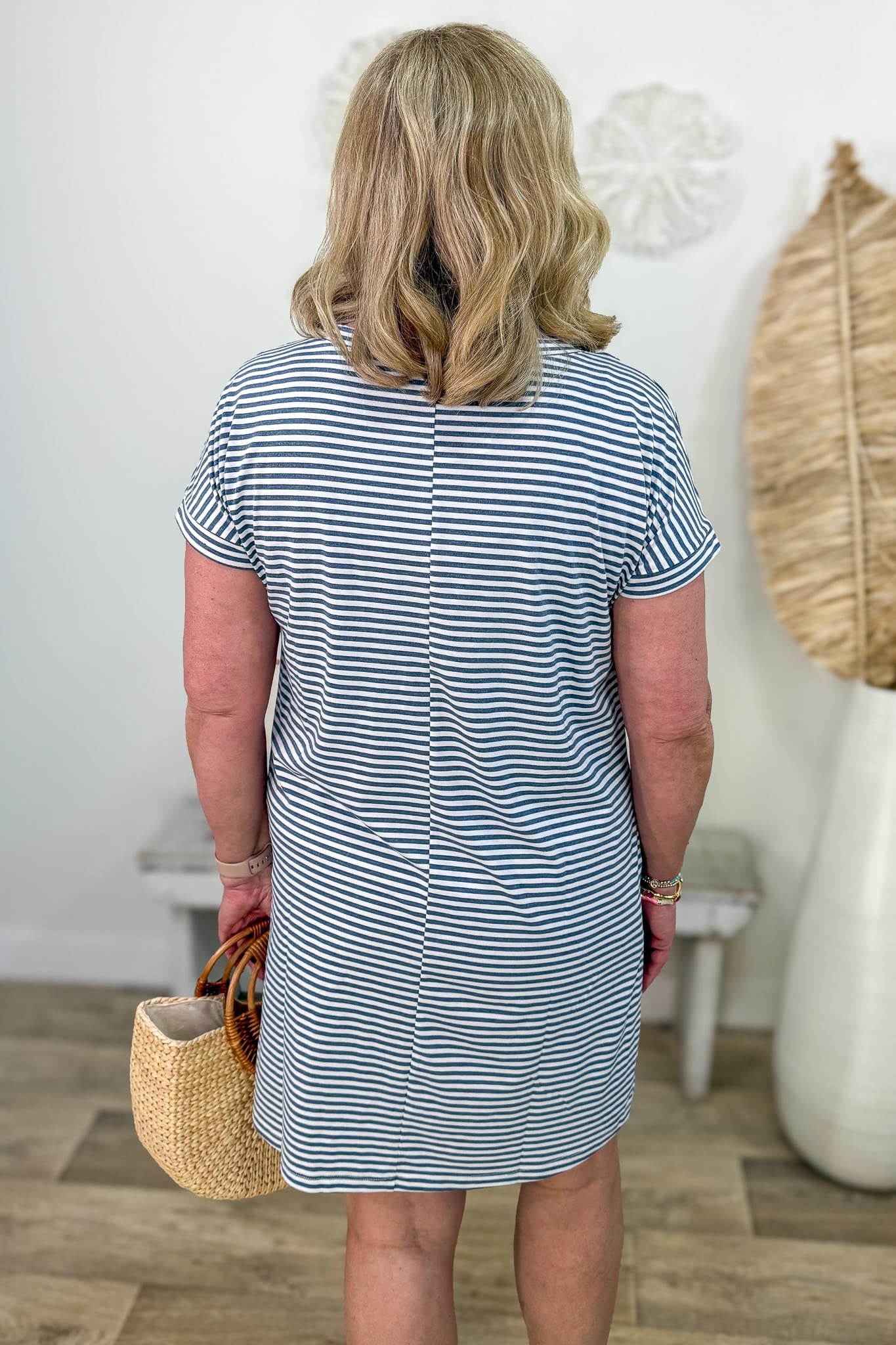 Denim Pinstripe Shift Dress Back