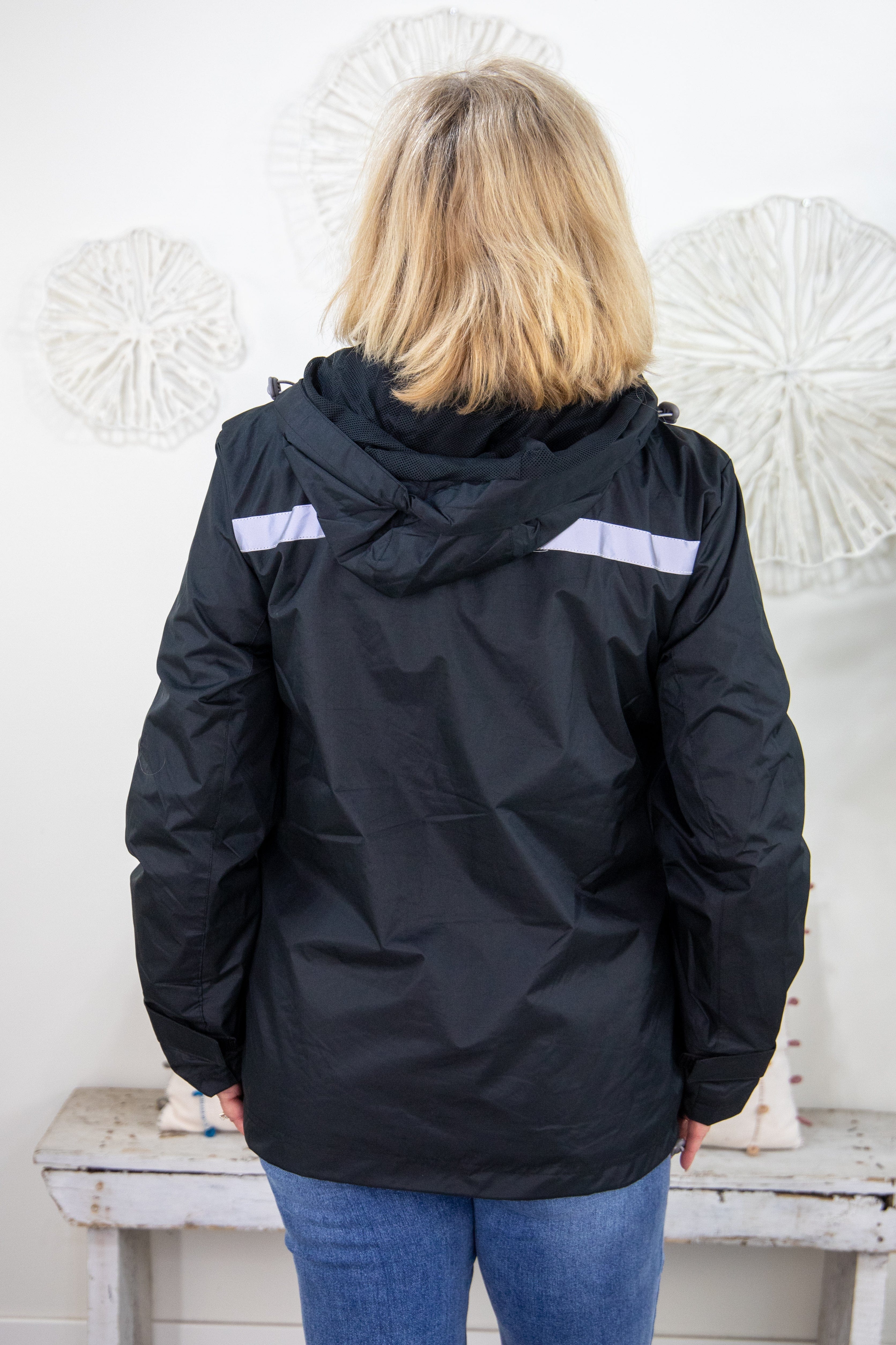 Black Hooded Cape Front Reflective Rain Jacket Back