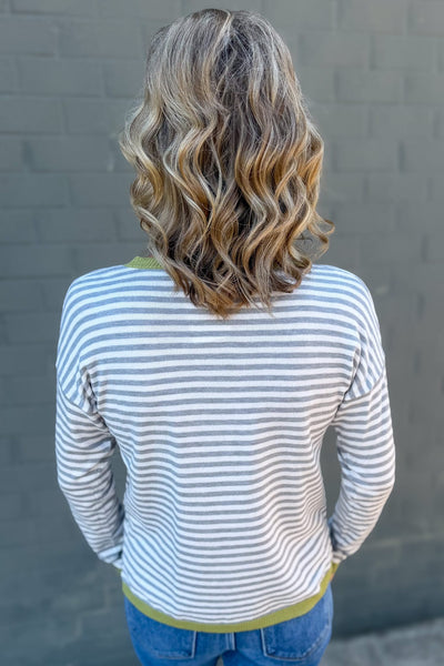 Heather Grey & Sage Stripe Sweater Back