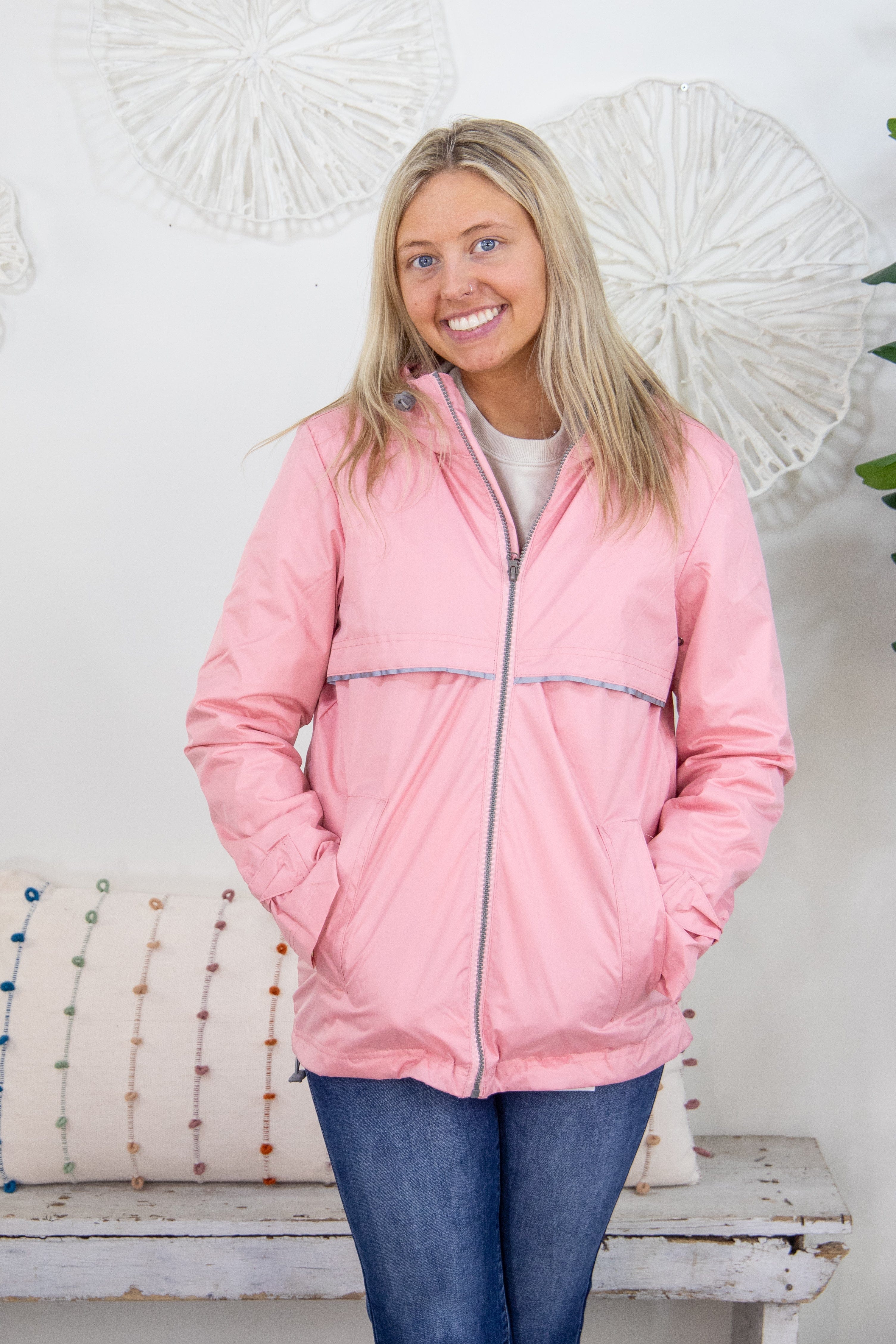 Light Pink Hooded Cape Front Reflective Rain Jacket