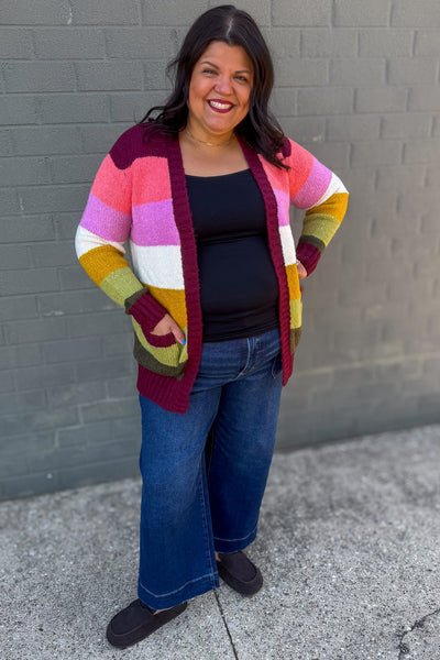 Burgundy & Pink Rainbow Cardigan Styled
