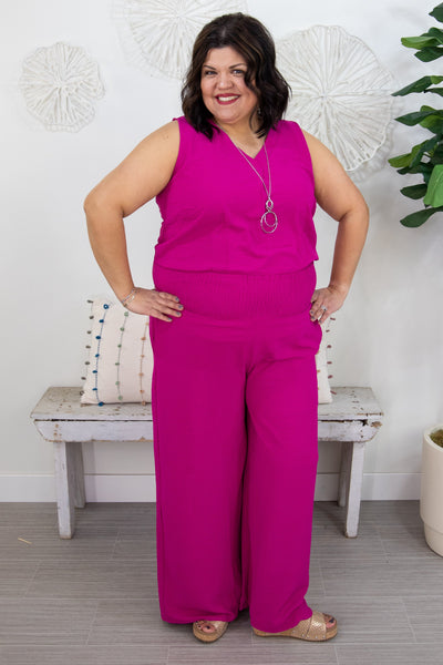 Magenta Wide Leg Pants Smock Waistband Styled