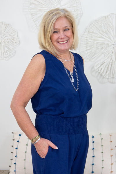 Navy Sleeveless V Neck Top