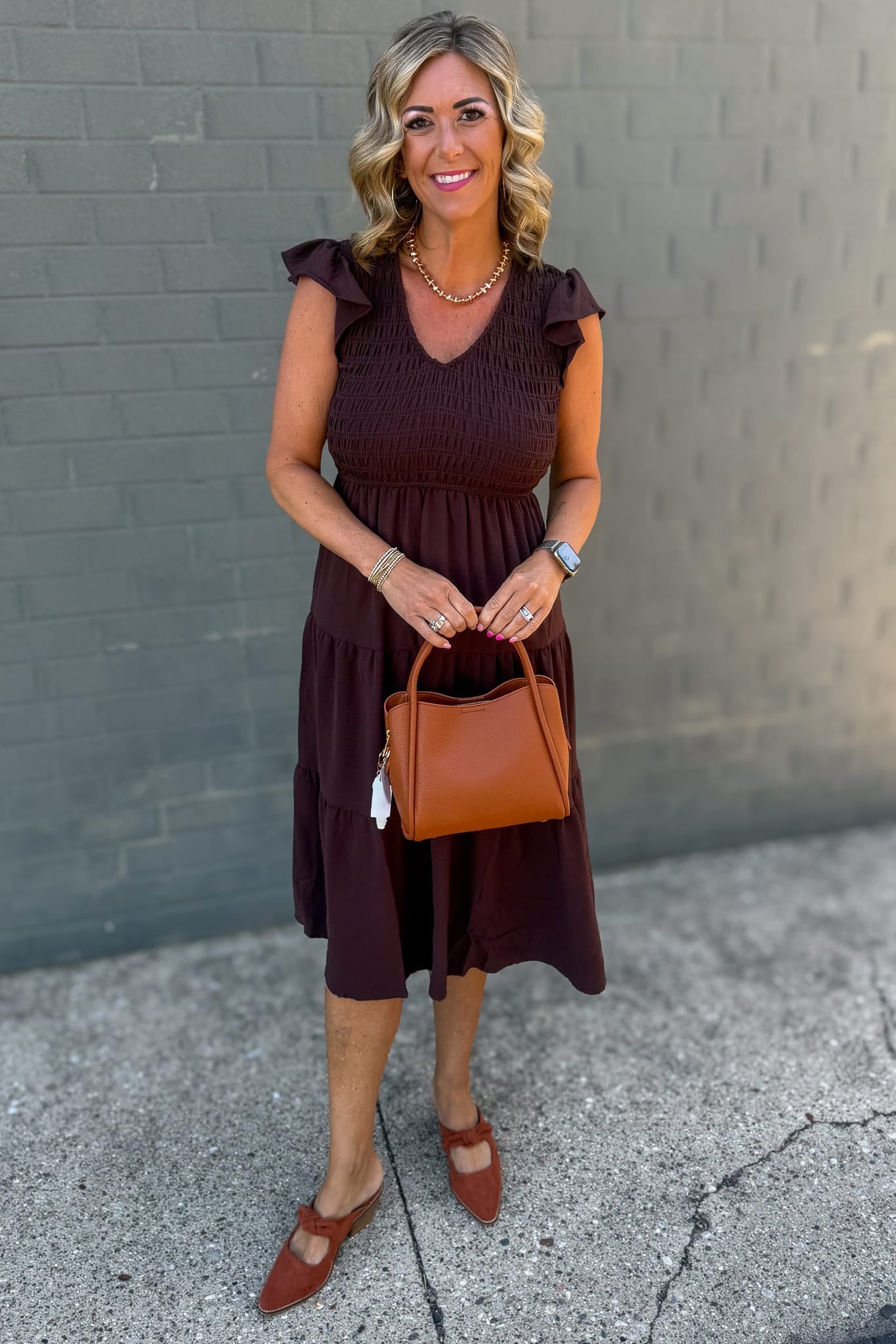 Chocolate Brown Flutter Sleeve Smocked Midi Dress