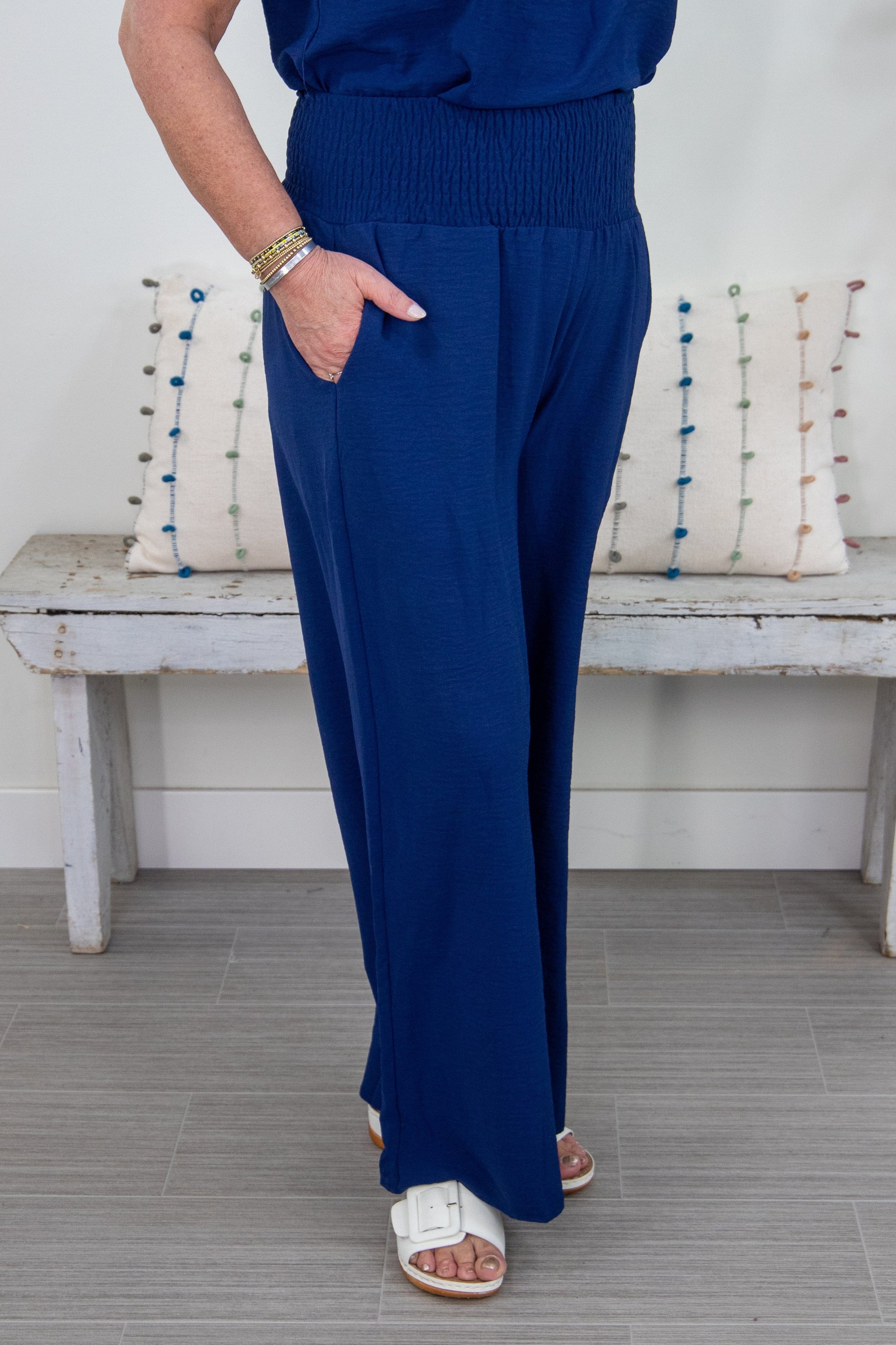 Navy Wide Leg Pants With Smock Waistband