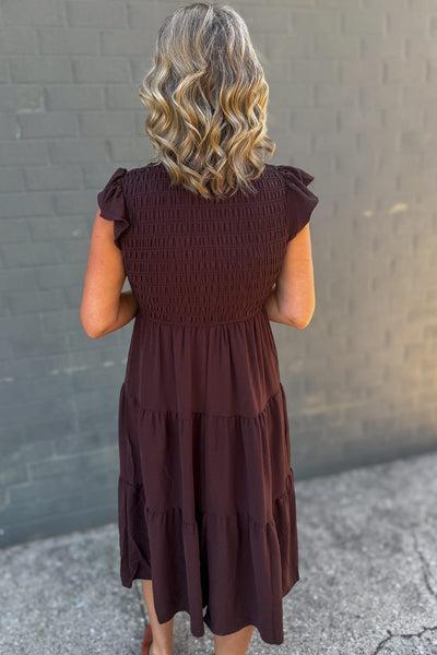 Chocolate Brown Flutter Sleeve Smocked Midi Dress Back