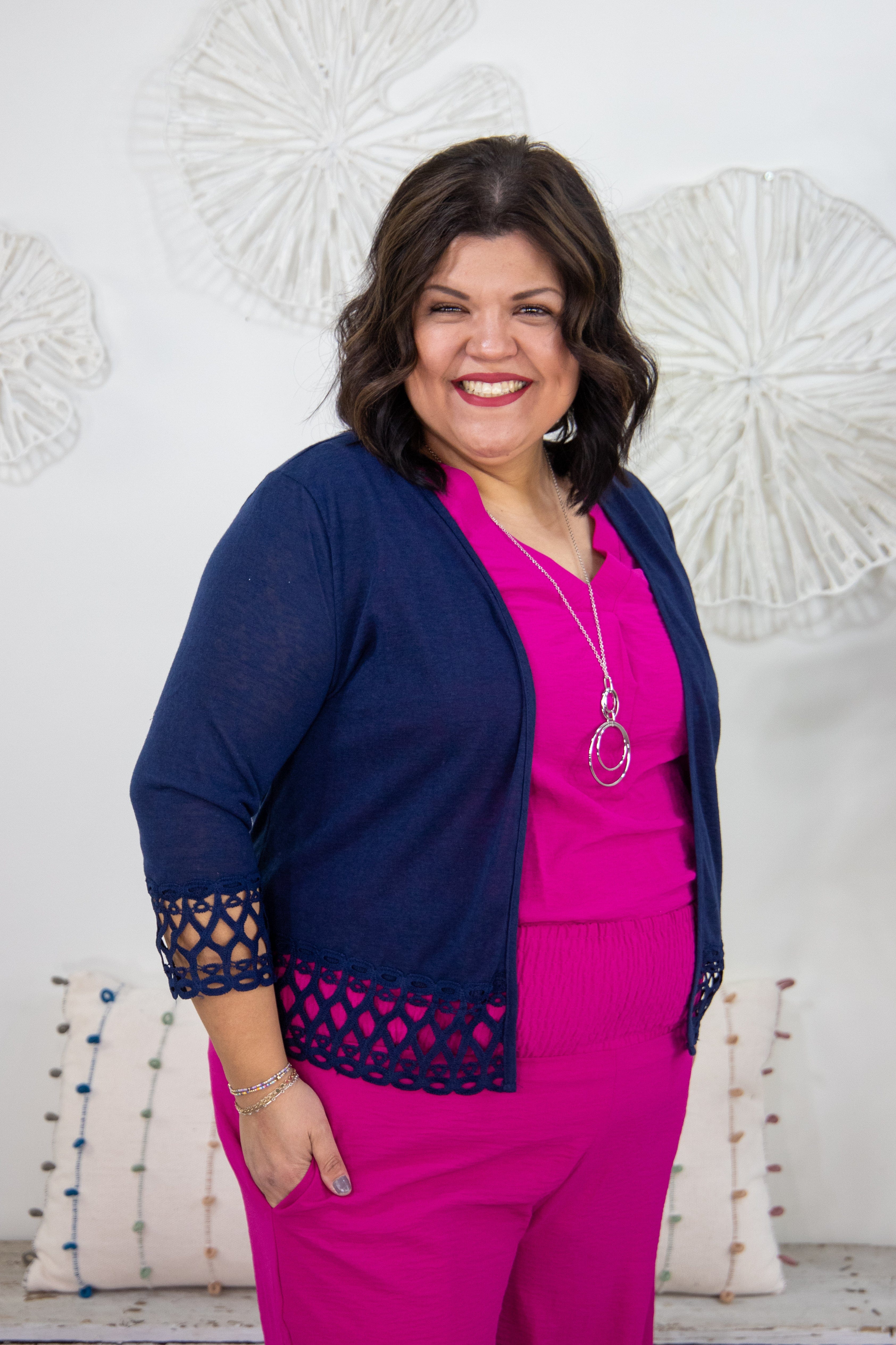 Navy Stretch Cardigan With Lace Trim
