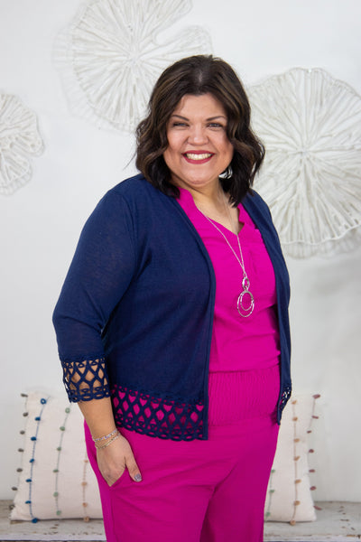 Navy Stretch Cardigan With Lace Trim