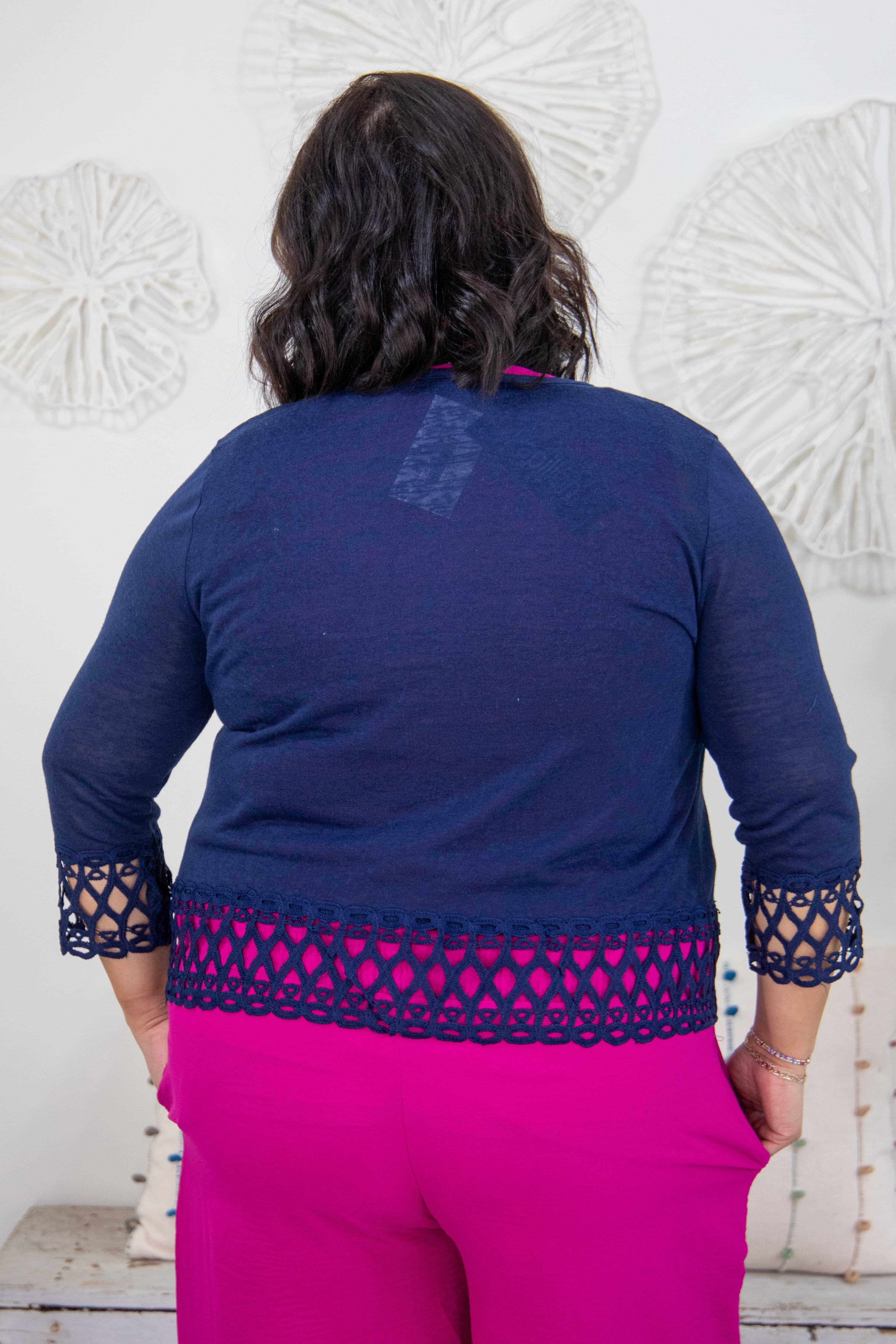Navy Stretch Cardigan With Lace Trim Back