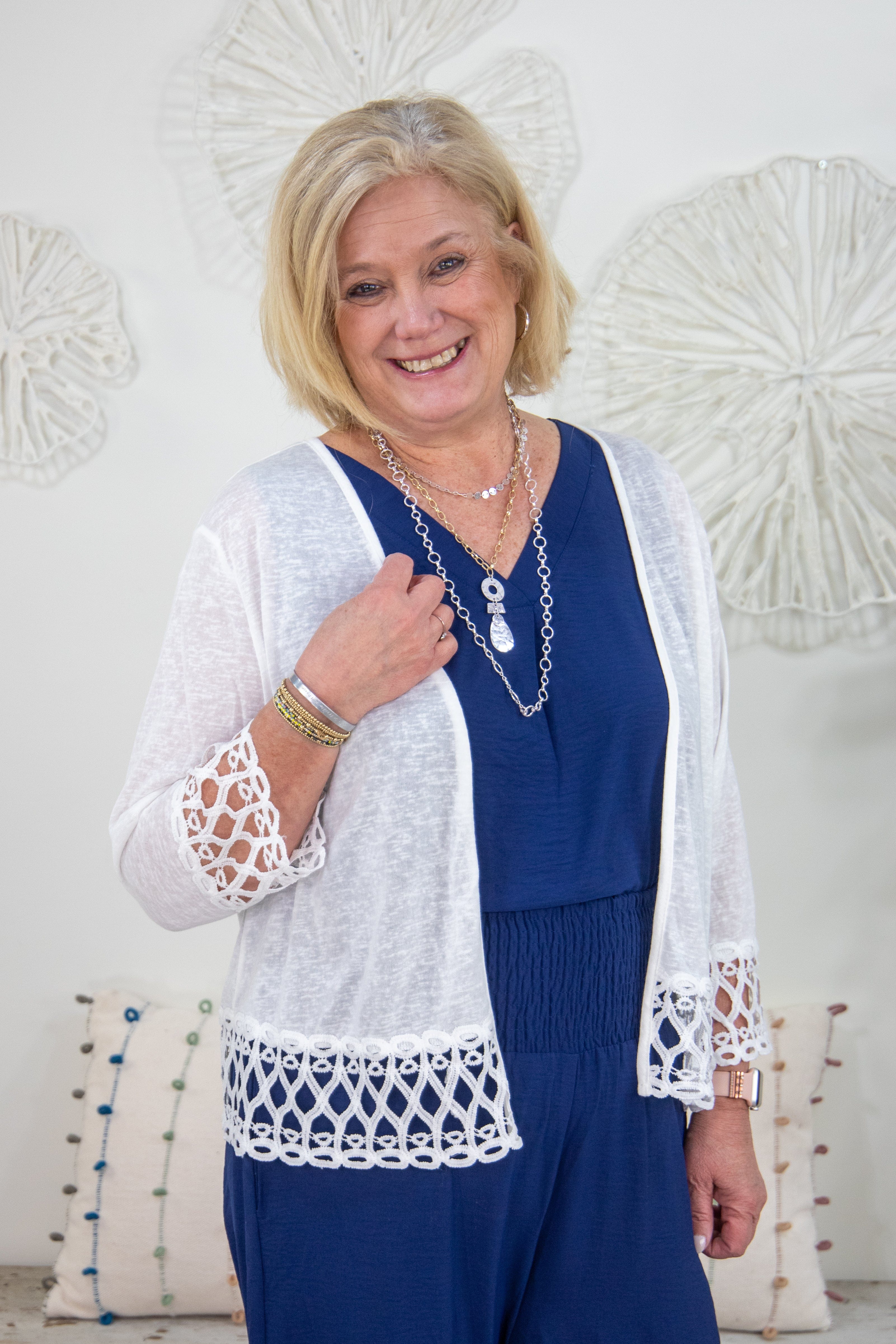 White Stretch Cardigan With Lace Trim 