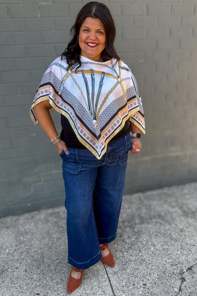 Ivory Belt Print Scarf Poncho Styled