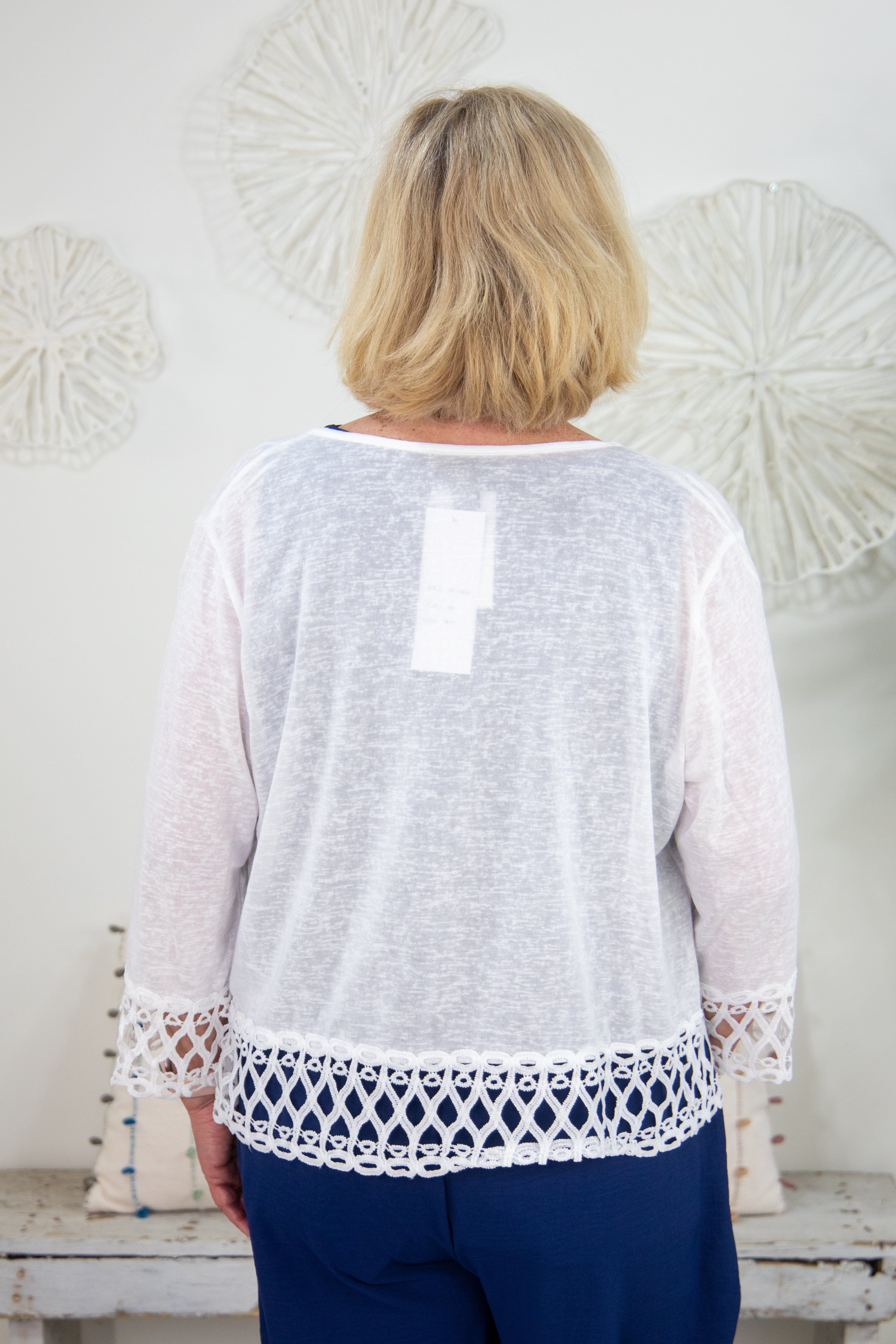 White Stretch Cardigan With Lace Trim Back