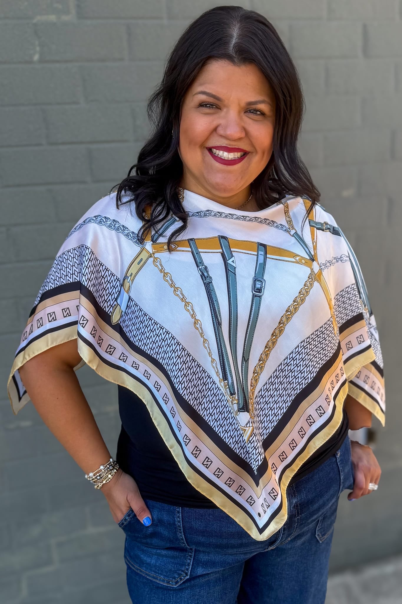 Ivory Belt Print Scarf Poncho