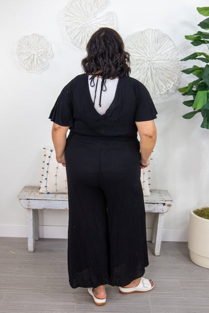 Black Crinkle Short Sleeve Jumpsuit Back