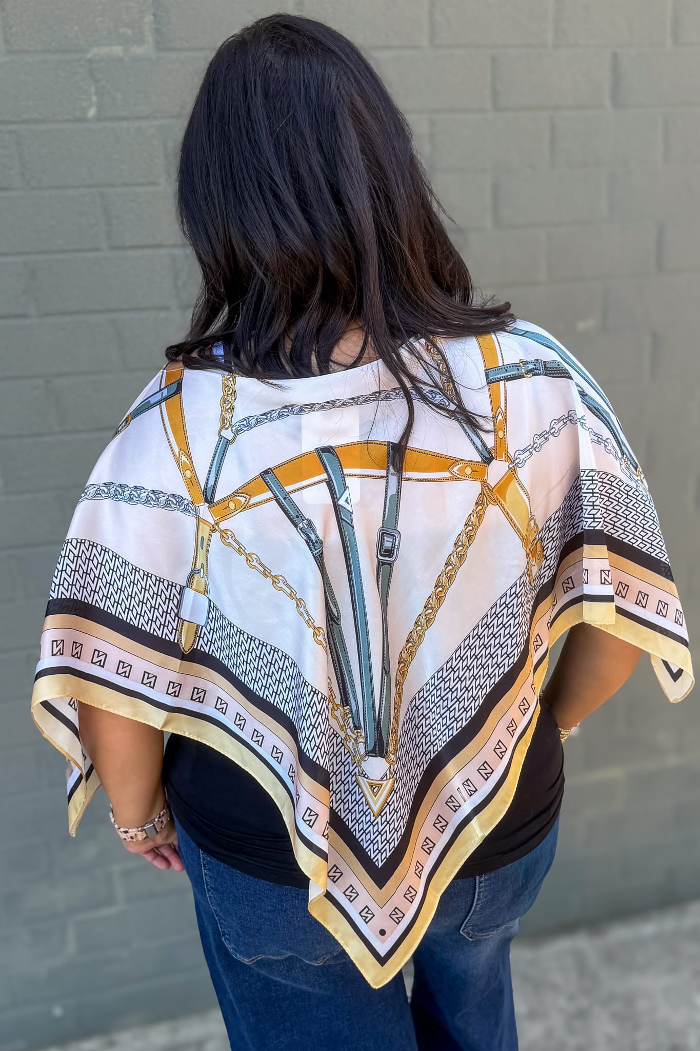 Ivory Belt Print Scarf Poncho Back
