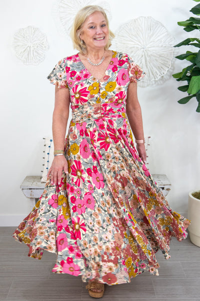 Floral Maxi With Pleated Waist & Pockets Flowy