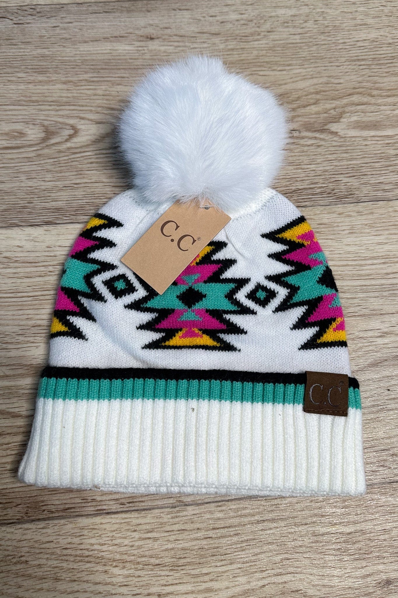 Southwest Pattern Pom Beanie - Ivory