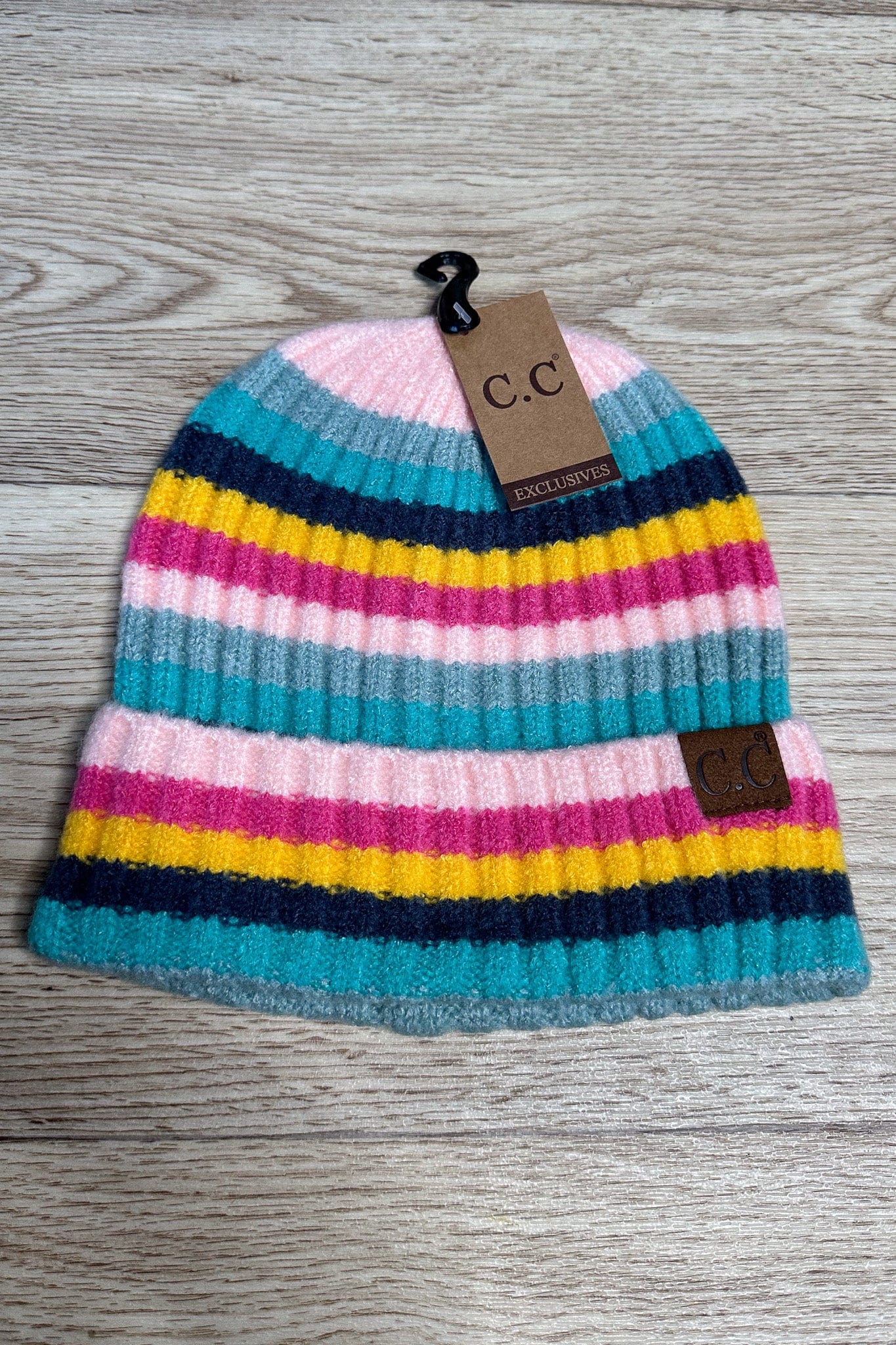 Multi Color Striped Ribbed Beanie - Pink