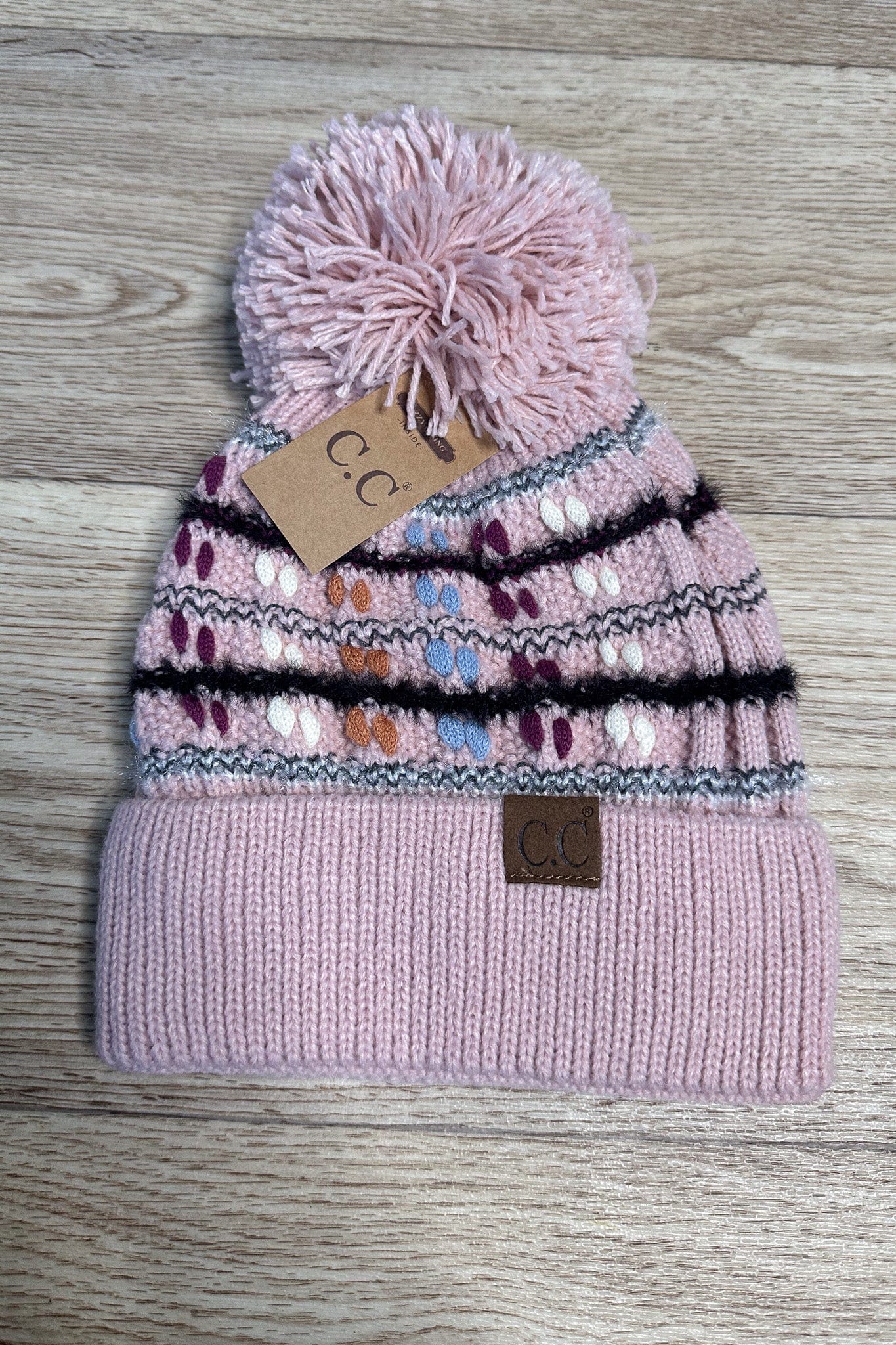 Vintage Knit Yarn Pom Beanie - Rose