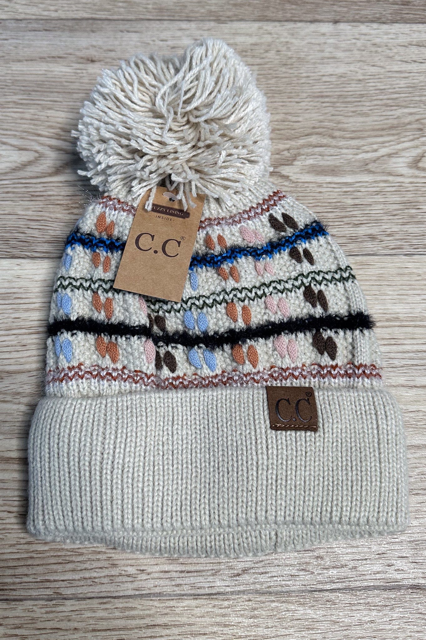 Vintage Knit Yarn Pom Beanie - Beige