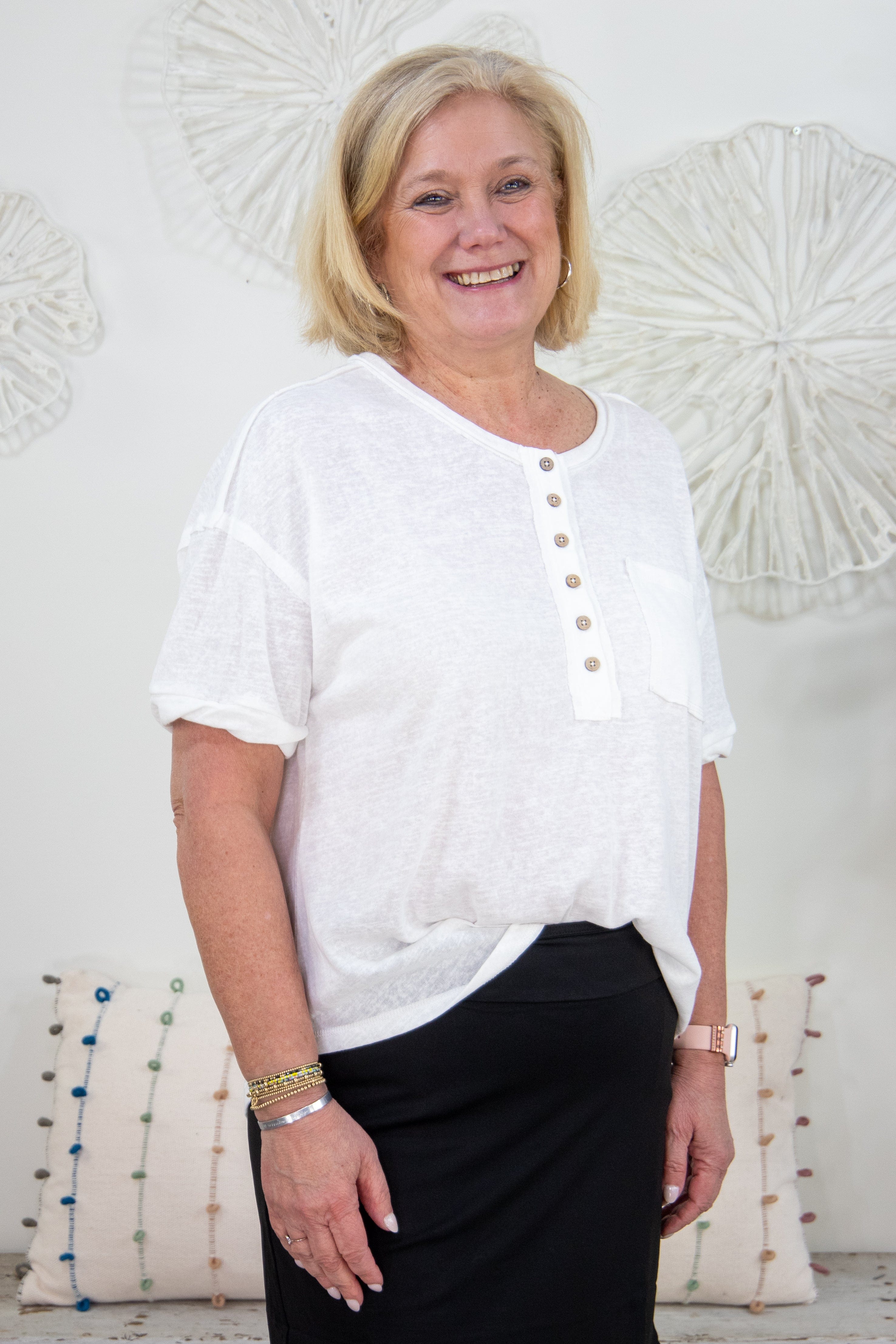 White Short Sleeve Henley Top