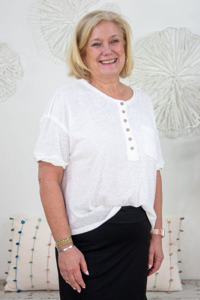 White Short Sleeve Henley Top