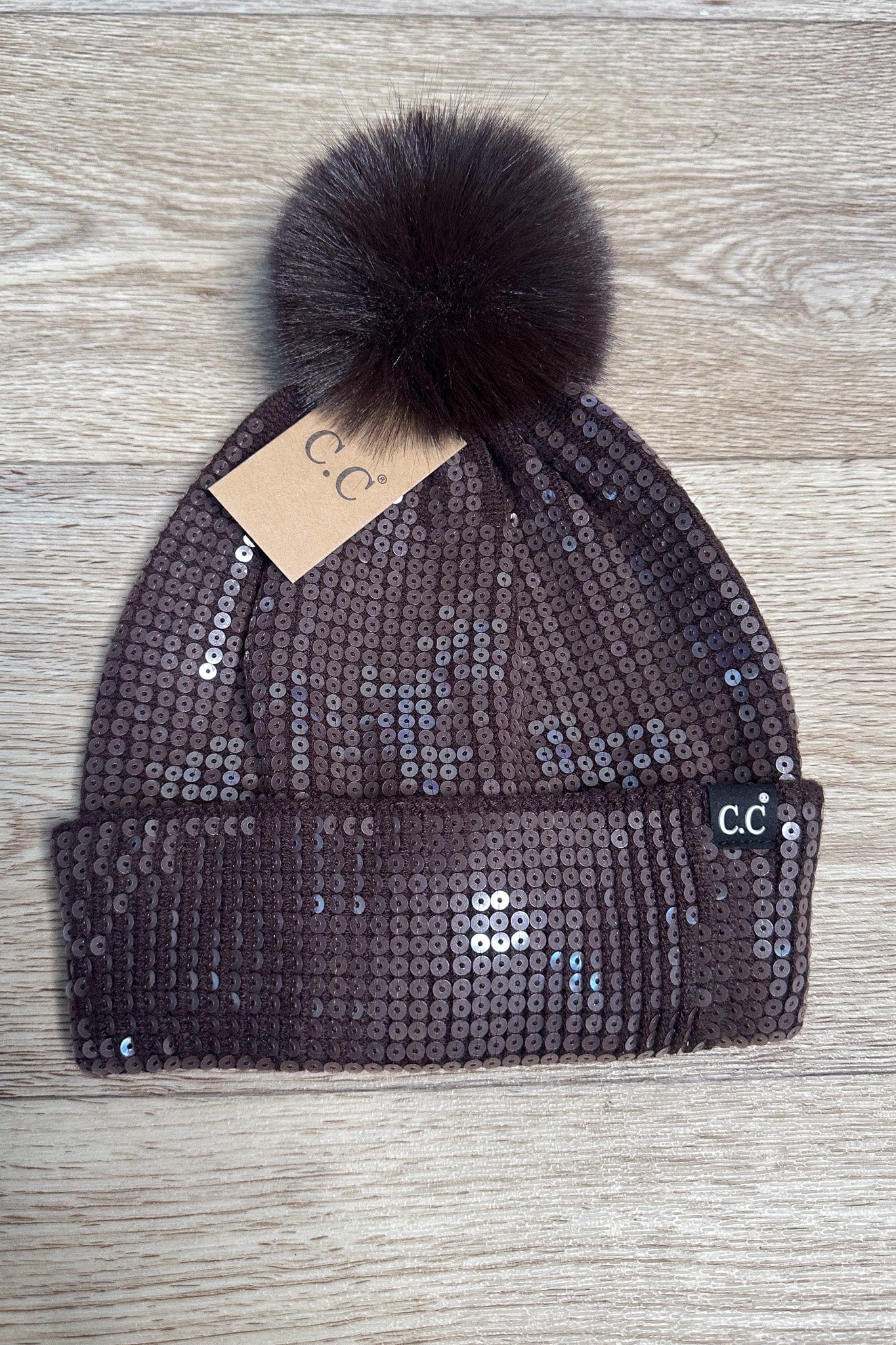 All Over Sequin Pom Beanie - Chocolate