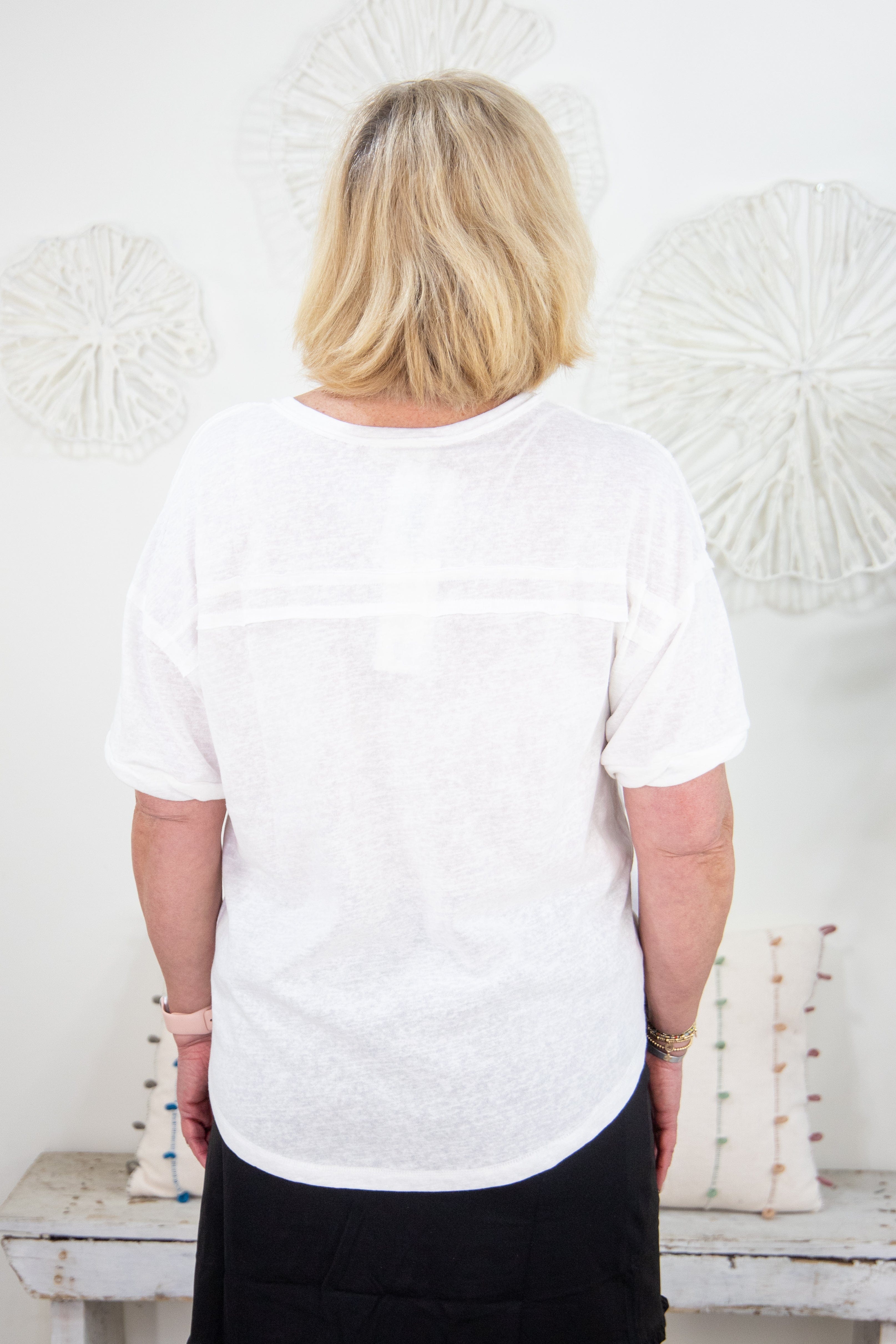 White Short Sleeve Henley Top Back