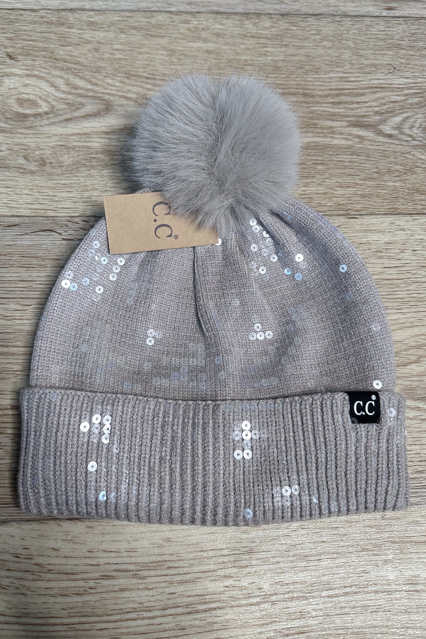 All Over Sequin Pom Beanie - Light Taupe