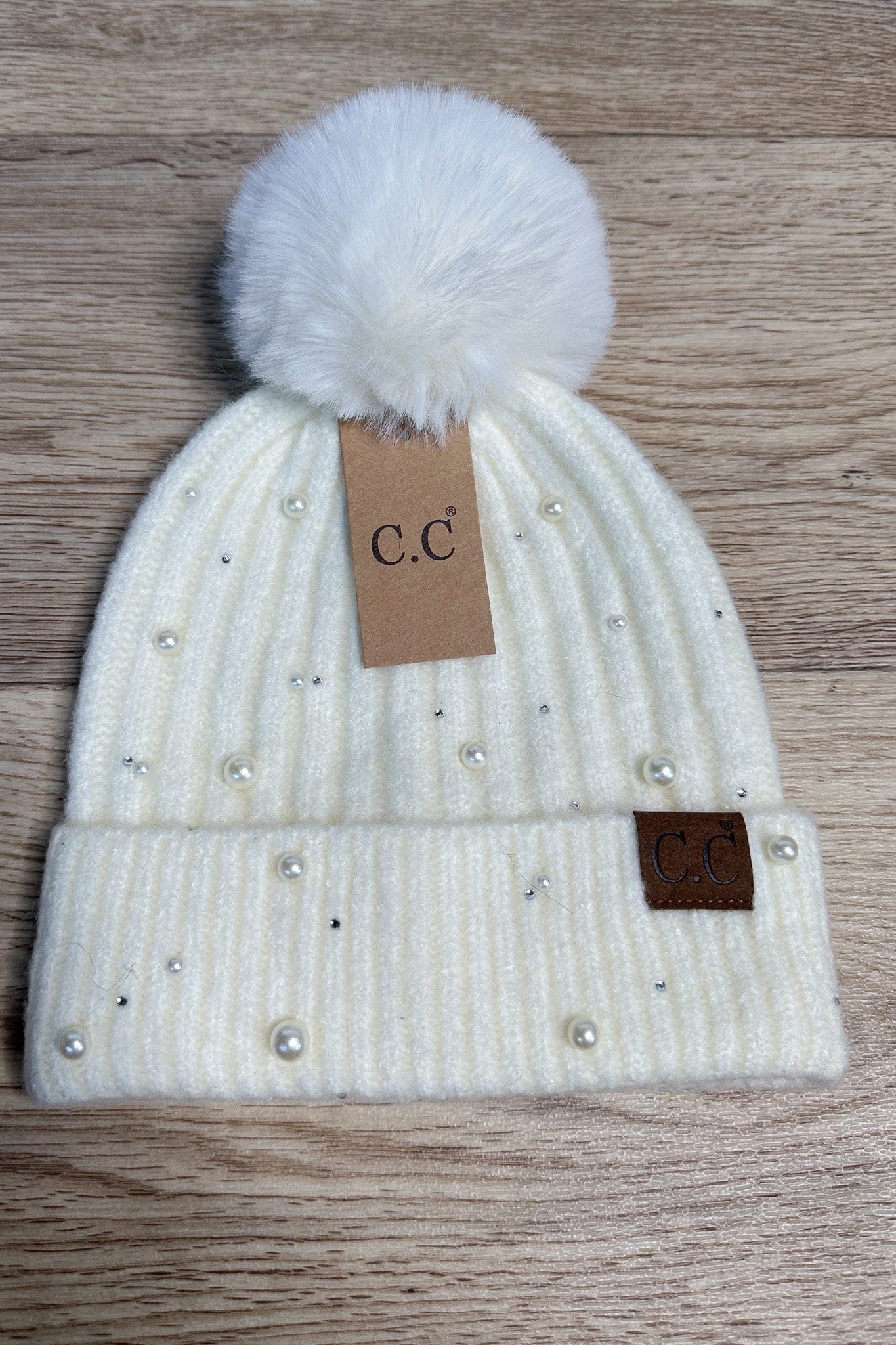 Ivory Pearl Pom Beanie