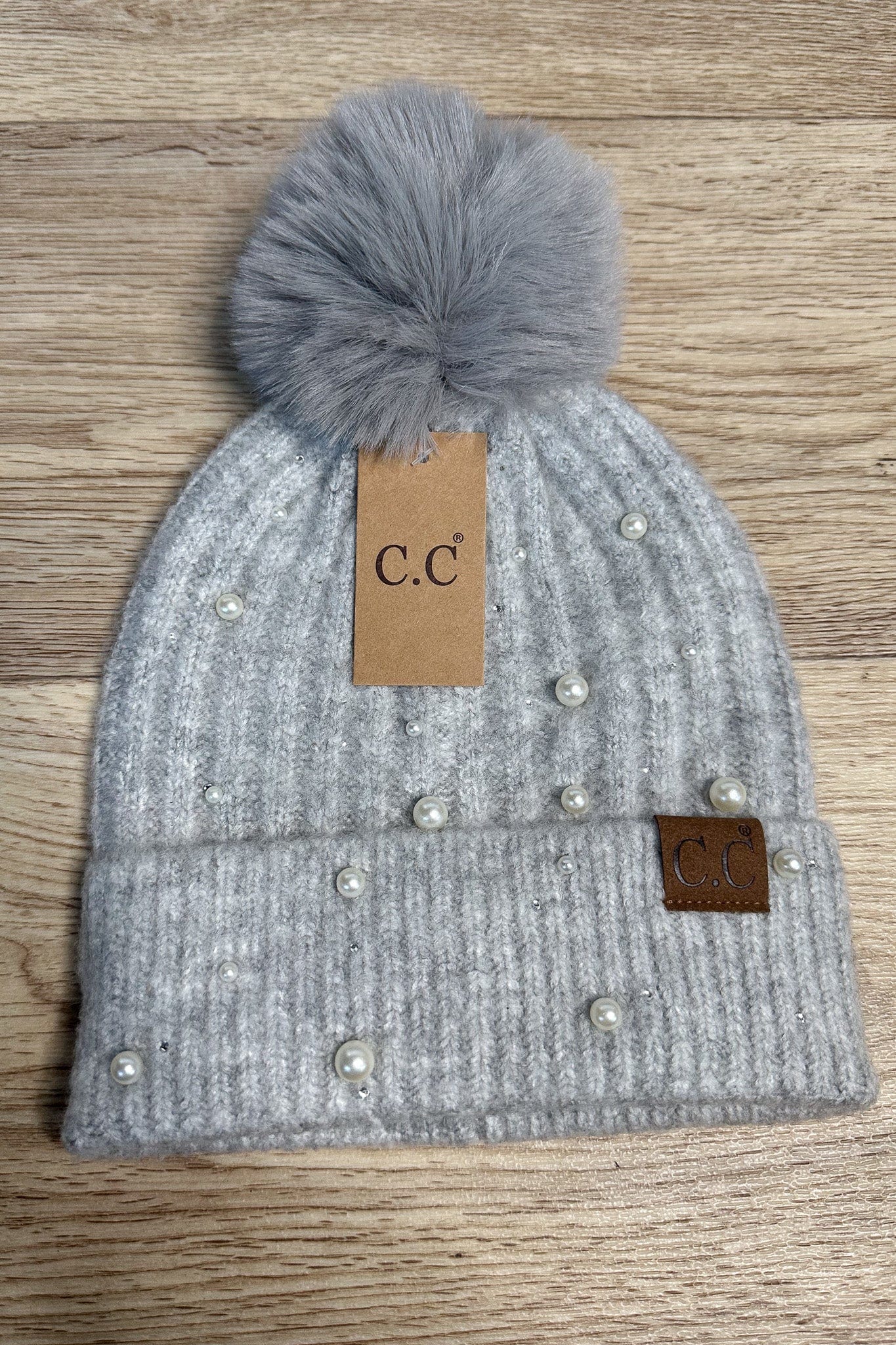 Light Grey Pearl Pom Beanie