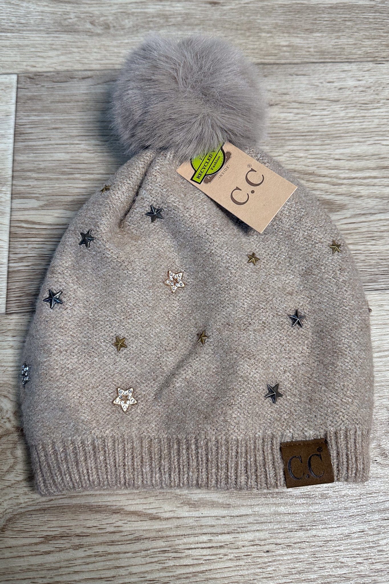 Star Stud Pom Beanie - Taupe